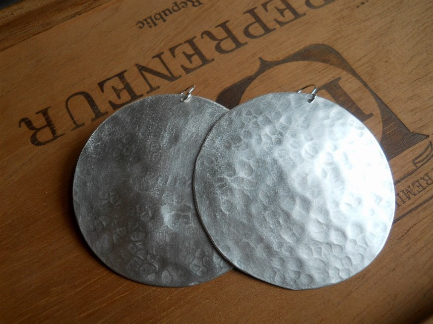 extra large sized, hammered disk earrings, sterling silver, featherweight, moon earrings, gypsy earrings, minimalist jewelry