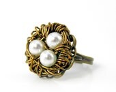 Pearl Nest Ring, Cocktail Ring, Adjustable Ring, Brass Ring,  Pearl Ring, Wire Wrapped Jewelry, Spring Jewelry, Nature Inspired