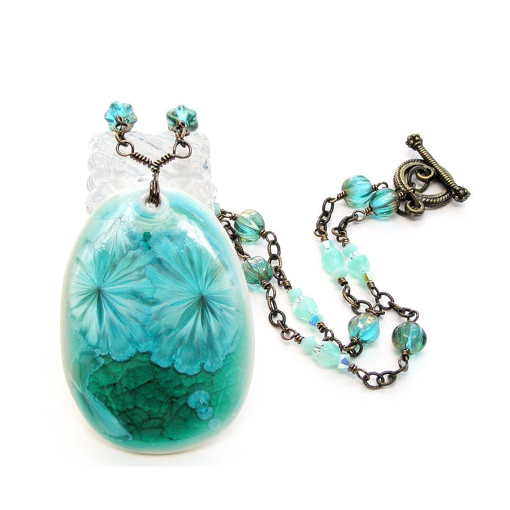 Aqua Flowers Pendant Necklace, Porcelain, Summer Jewelry Set, Pastel, Beaded Antiqued Brass Chain, Turquoise, Matching Dangle Earrings