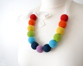 crochet rainbow big bead bold necklace for her - handmade colorful bright bead necklace with a ribbon, boho urban style, gift for her