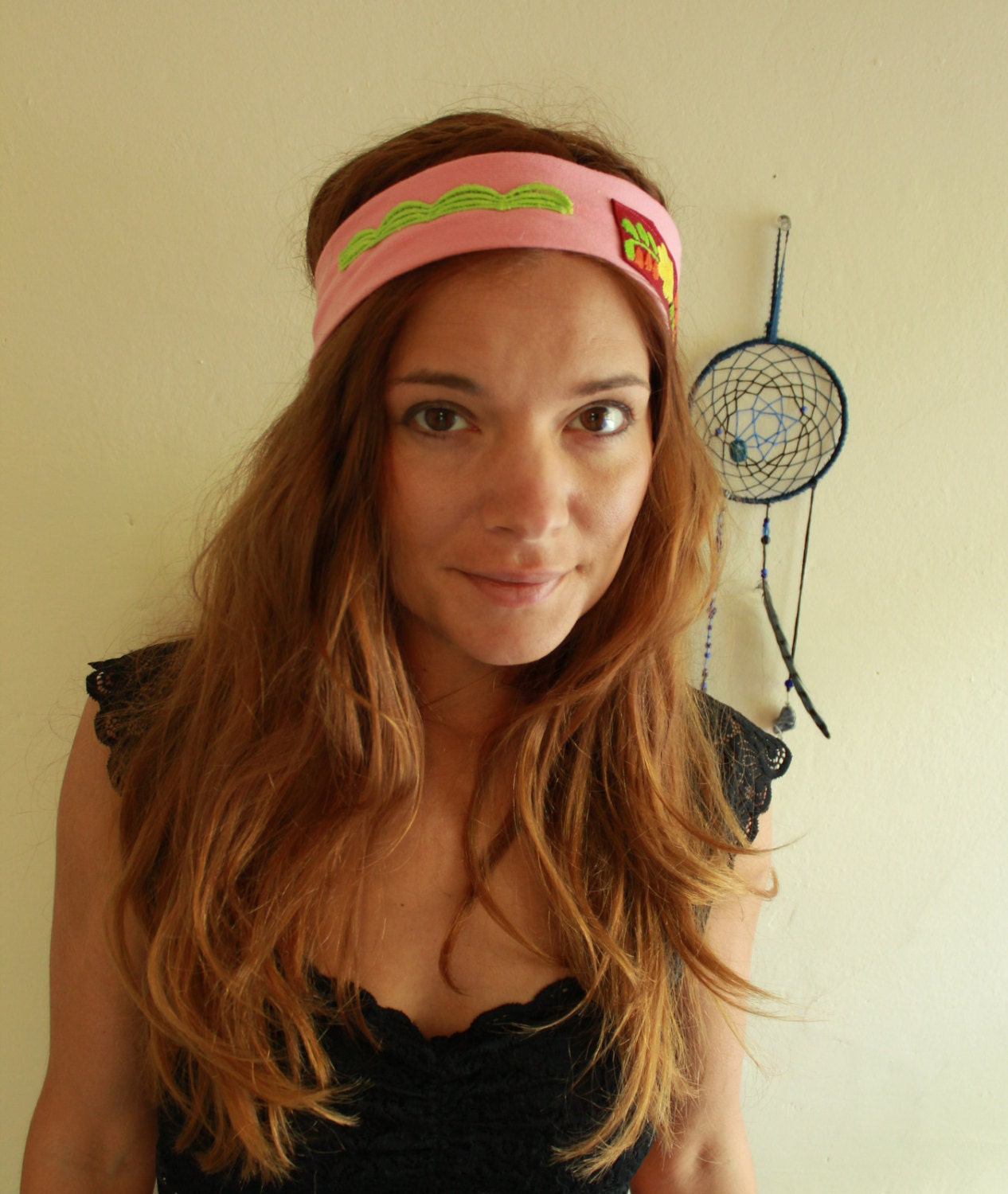 Pink/Red/Lime Green Bohemian Hippie Mexican Embroidered Colorful Floral Headband Wrap Upcycled Recycled