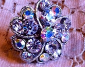Vintage Rhinestone Cocktail Ring with Adjustable Band    Shimmering Aurora Borealis