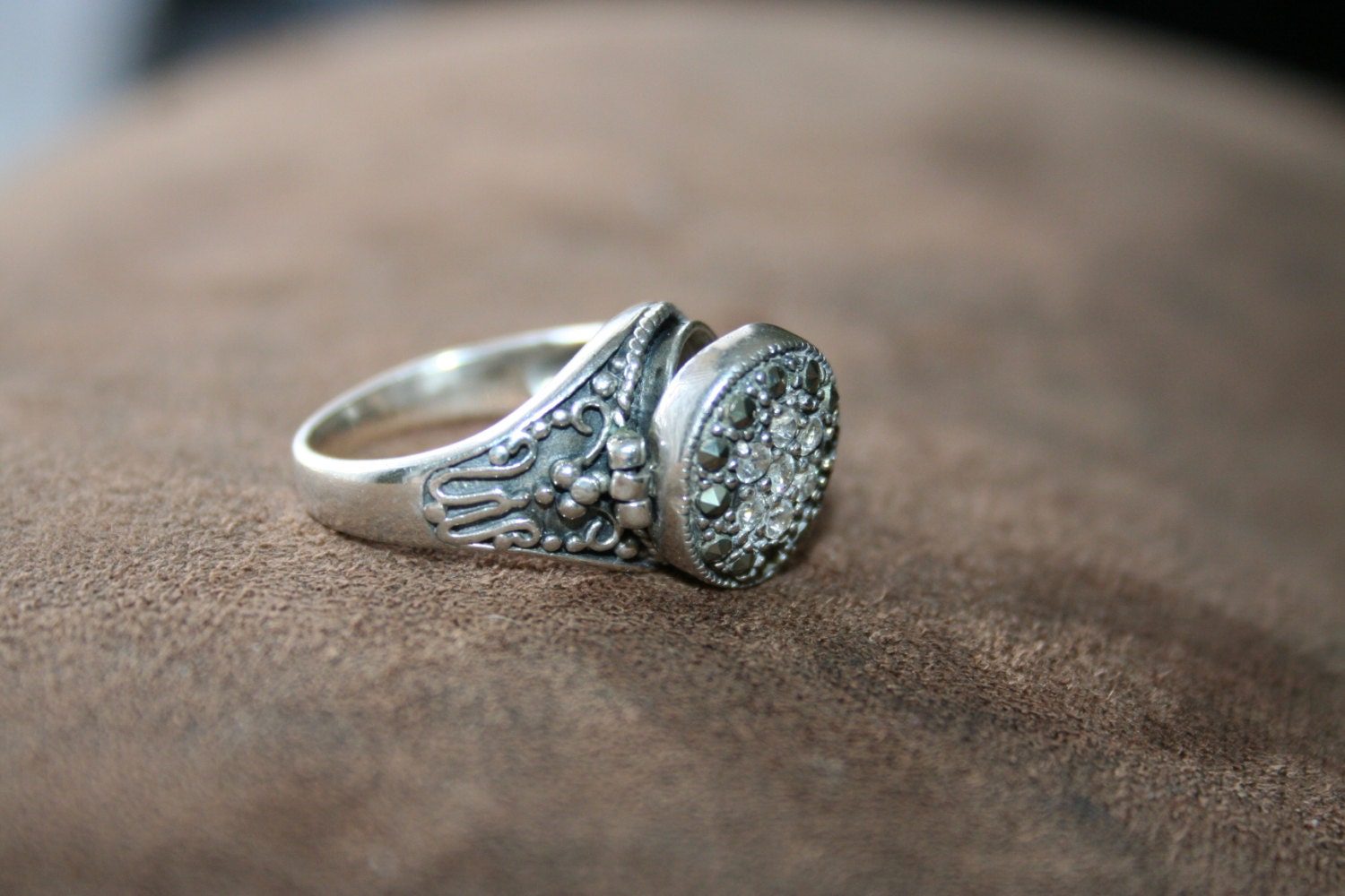 REDUCED  50 % Vintage Unique Stunning  Poison Ring Marcasite and  Bright   Crystal Stones