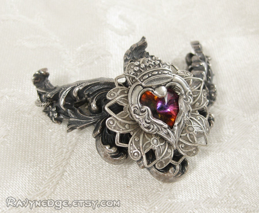 Everlasting Love - Volcano Swarovski and Silver Heart Filigree Bracelet