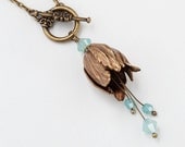 Handmade Jewelry Necklace gold flower tulip leaf charm filigree blue opal Swarovski crystal Neo Victorian pendant Statement Necklace R1096