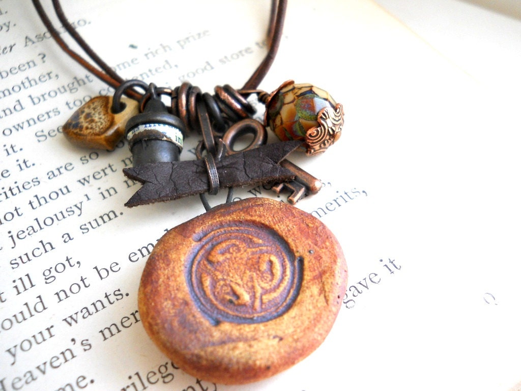 Ceramic and Leather Charm Necklace, Rustic Charms, Rust, Copper, Elaine Ray Ceramic, Boho Fashion
