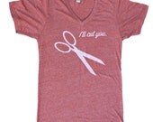 I'll Cut You - unisex v-neck adult t-shirt, eco-heather, hand printed scissors