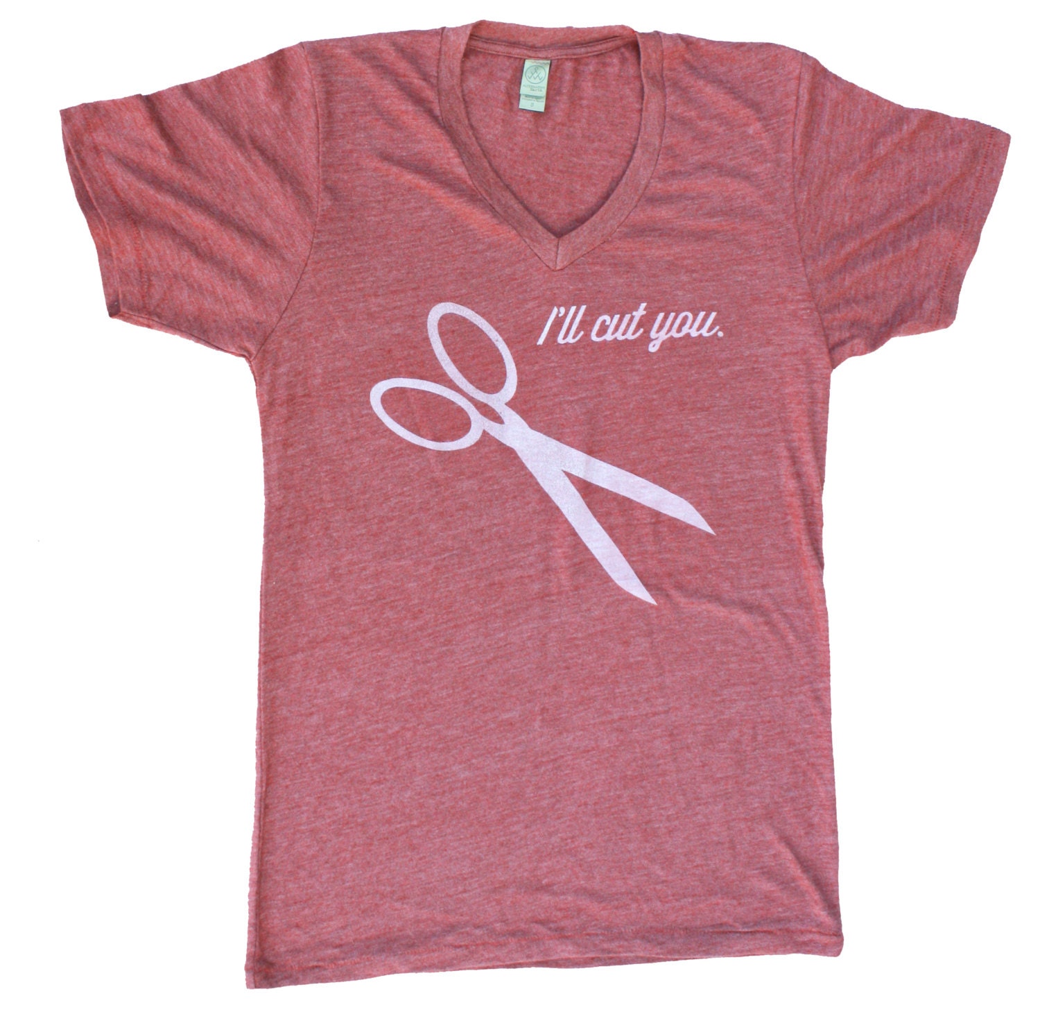 I'll Cut You - unisex v-neck adult t-shirt, eco-heather, hand printed scissors
