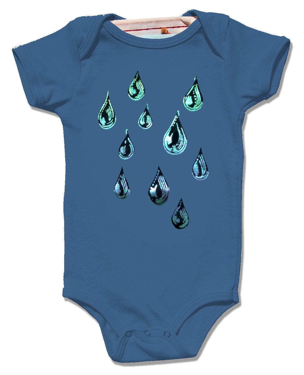Infant Galaxy Raindrops bodysuit, organic blue short sleeve, spring summer rain drops design, baby toddler children onesie