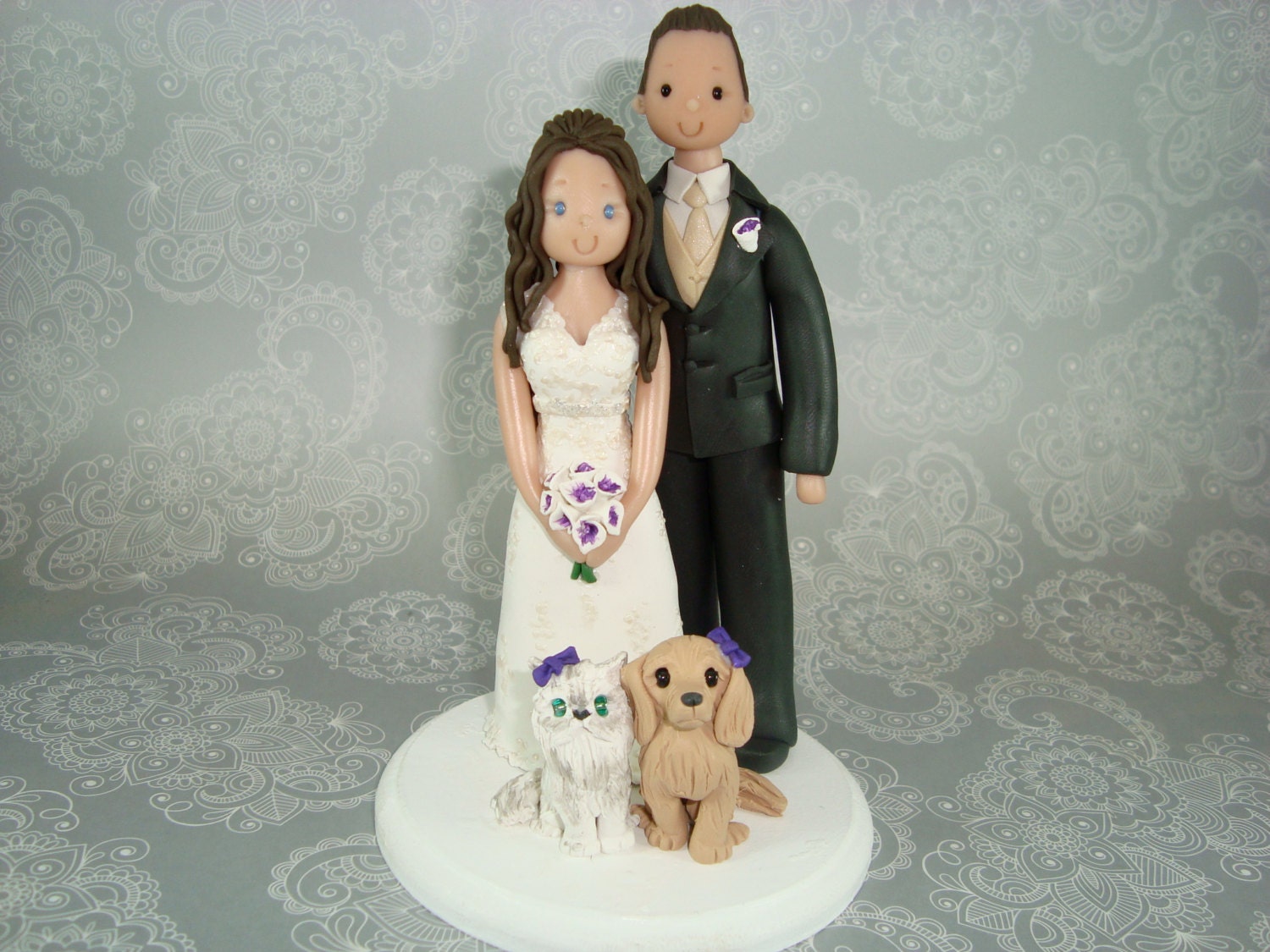 Bride & Groom with Pets Personalized Wedding Cake Topper