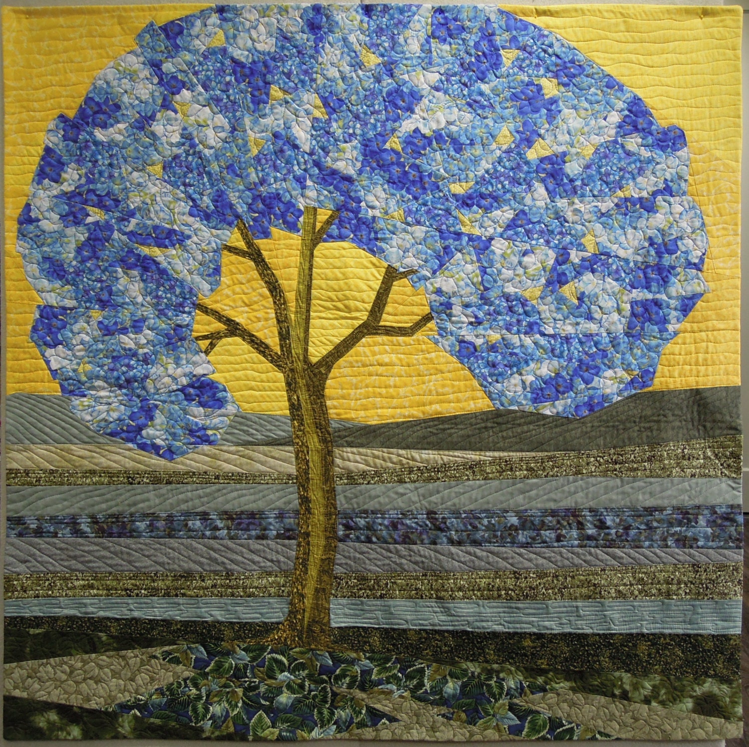 Art Quilt - "Even Trees Get the Blues" - 48 x 48 inches