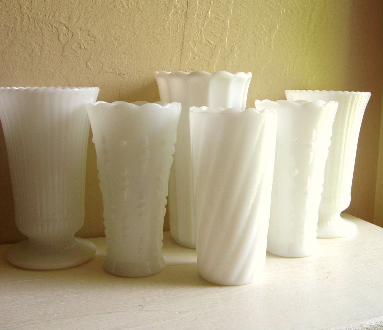 Set of 6 Six Tall Large White Milk Glass Vases Centerpiece