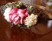 Headband - Lovely Pink and Ivory Ribbon Roses - Filigree Antiqued Brass Metal Headband - Prom, Wedding, Party Hair Accessory