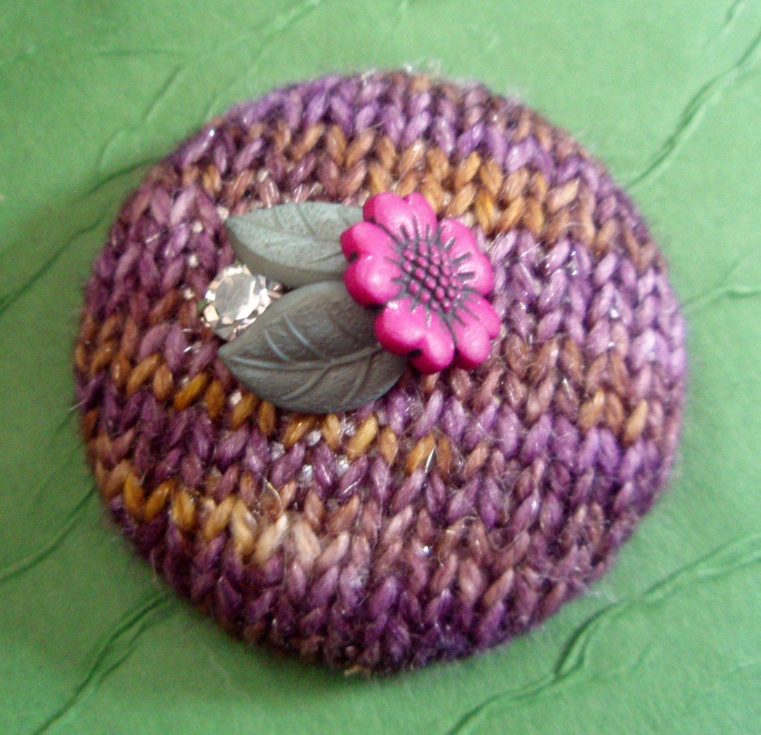 Knitted Fiber Art Jewelry - Pendant or Brooch - Hand-knitted Large Covered Button - Embellished - Button Art