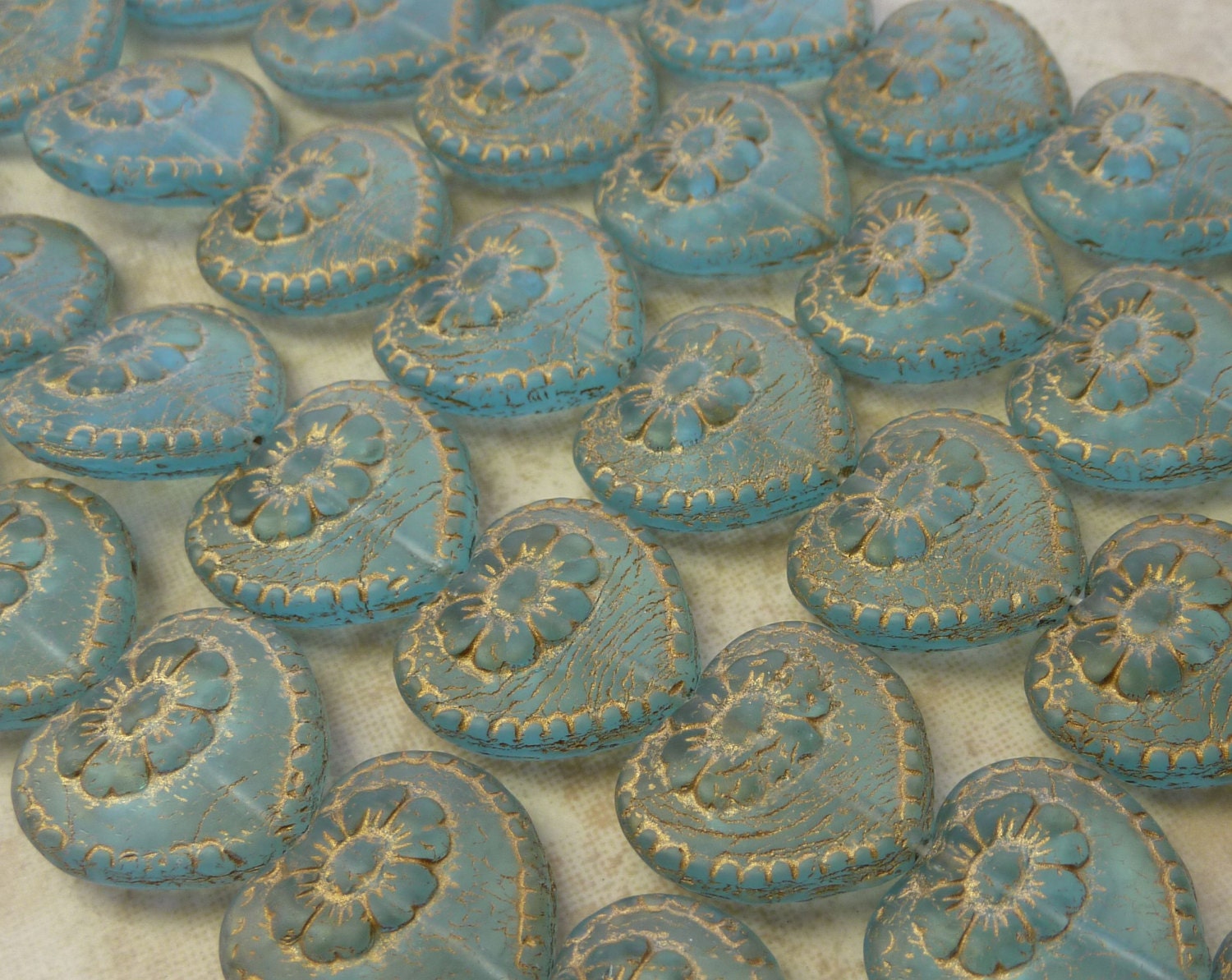 17mm Matte Transparent Aquamarine with Gold Inlay Czech Glass Victorian Heart Beads (B365)