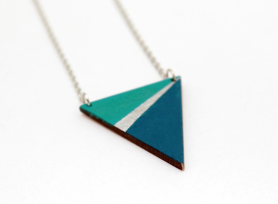 Geometric, wooden triangle necklace - petrol blue, emerald green, silver - minimalist, modern jewelry - color block