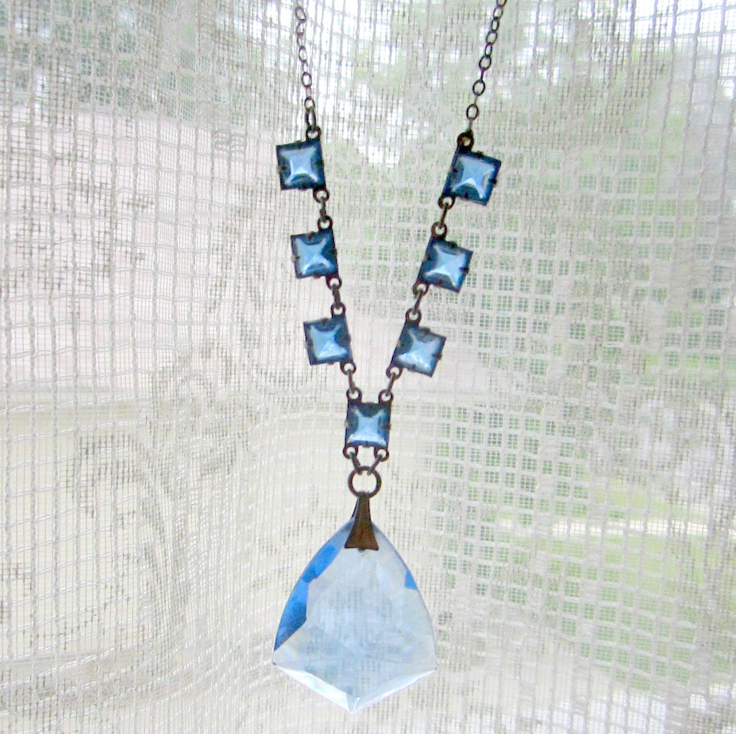 Vintage Blue Crystal Drop Necklace Silver and Blue Brides Necklace 1920s Choker