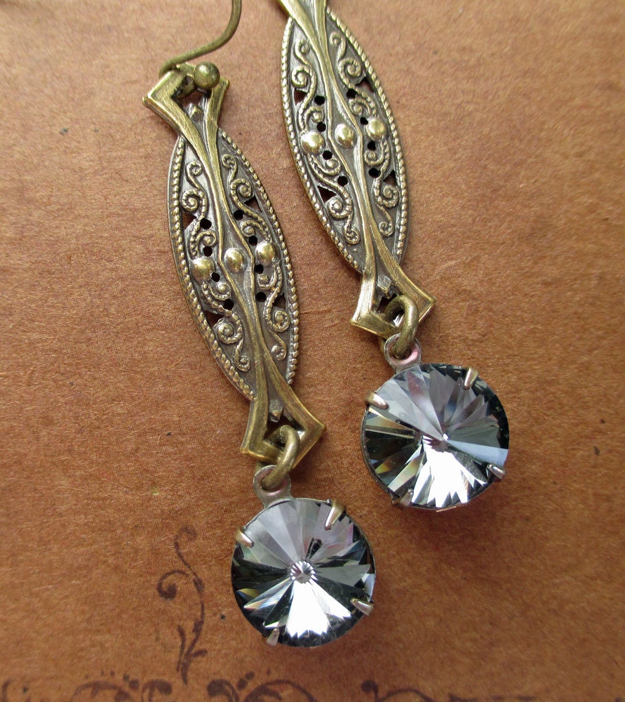 Art Deco Jewelry Great Gatsby Wedding Earrings Black Diamond Crystal Rhinestone Downton Abbey Jewellery Bridesmaid ZELDA Black Diamond