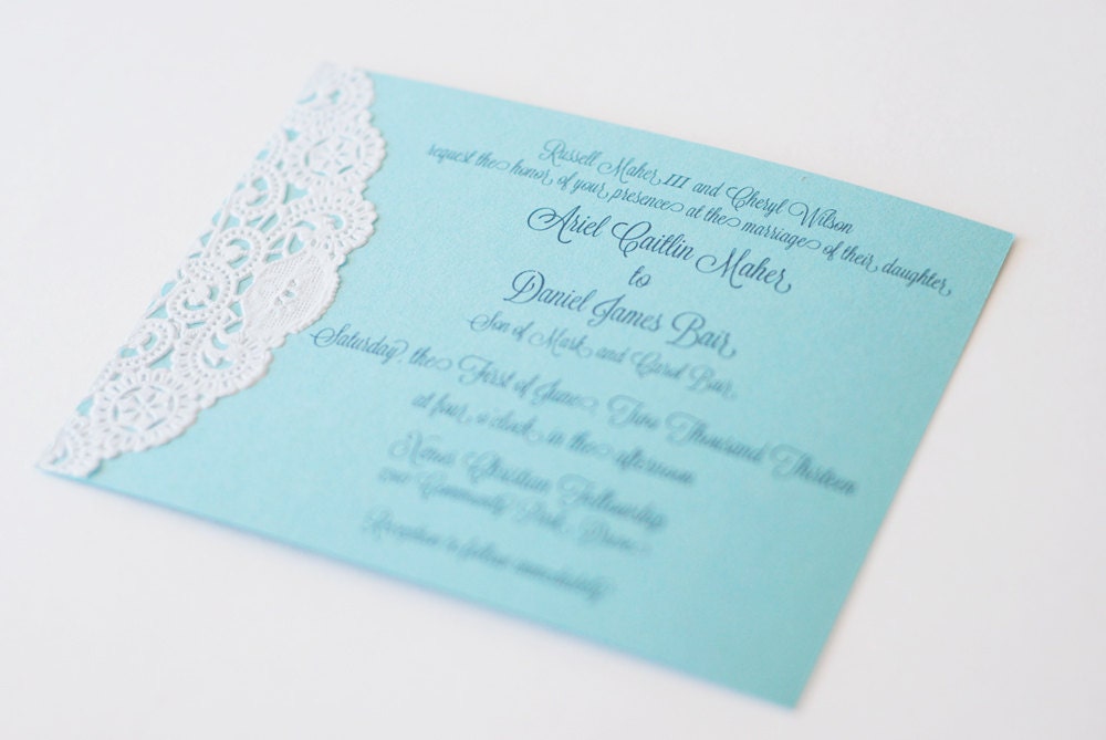 Custom Aqua with Lace Doily Invitations - Shabby Chic - Handmade - Wedding - Baby or Bridal Shower  - Program or Menu - Engagement Party