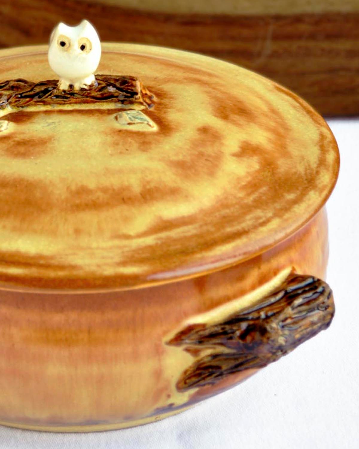 Ceramic Owl lidded casserole  bakeware and serving dish Owl with Tree Branch Handles 2 quart