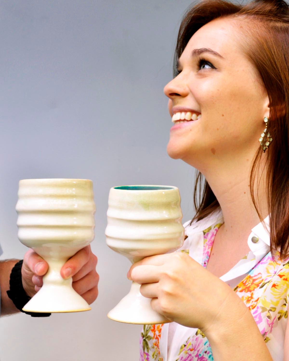 2 ceramic chalice wine goblet glasses handmade organic shapes pottery White Cloud series