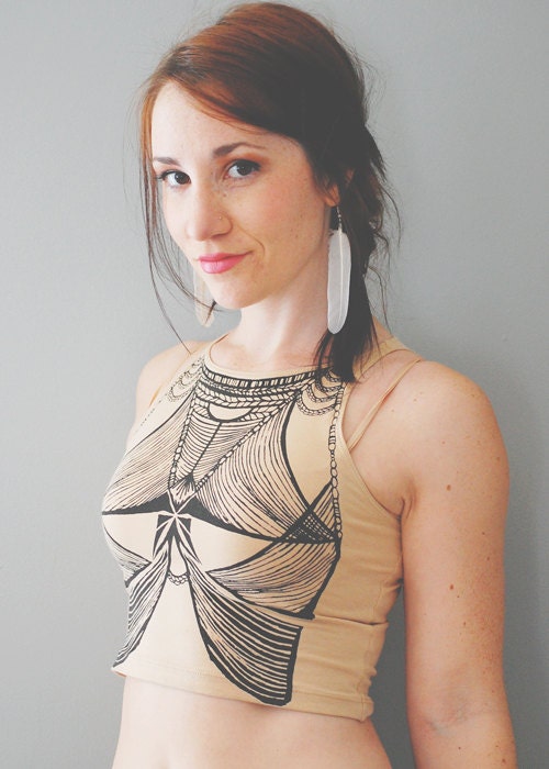 Basya - Creme and Black Sleeveless Crop Top - By Bark Decor - Bustier Hand Printed Tight Crop Top