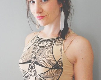 Basya - Creme and Black Sleeveless Crop Top - By Bark Decor - Bustier Hand Printed Tight Crop Top