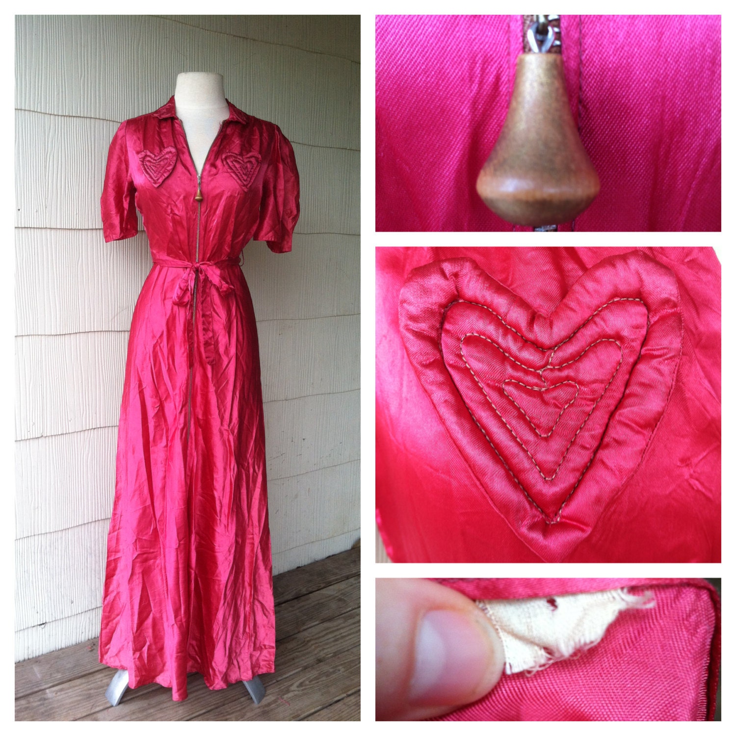 VINTAGE 1930s satin VALENTINE gown HEART pockets