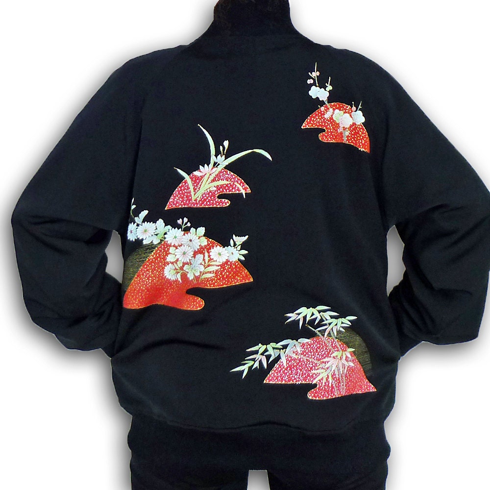 Japanese Kimono Recycled-Full Zip Bomber Style Jacket - Black & Pink