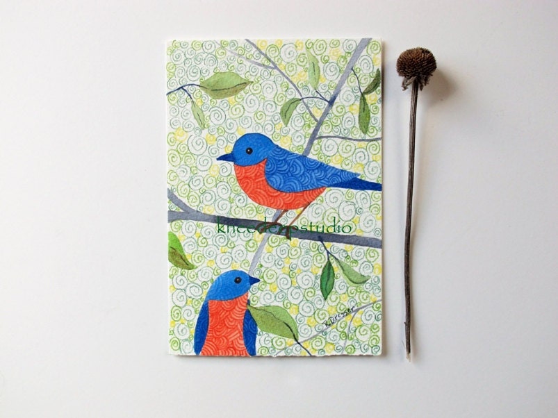 Bluebirds watercolor painting whimsical 4x6 fine art original woodland birds modern wall decor