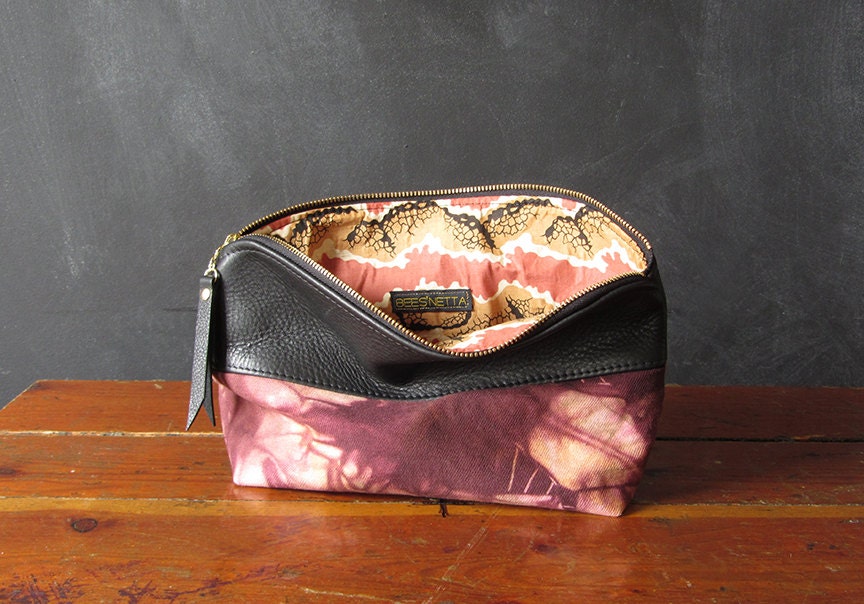 10inch Tie-Dye Pouch: black eco-friendly leather and tie-dyed canvas.