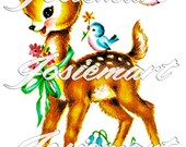 Vintage Digital Download Deer  with Bluebirds Kawaii Vintage Image Collage Large JPG