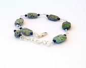 African Turquoise and Lapis Sterling Silver Link Bracelet, Green Turquoise Bracelet