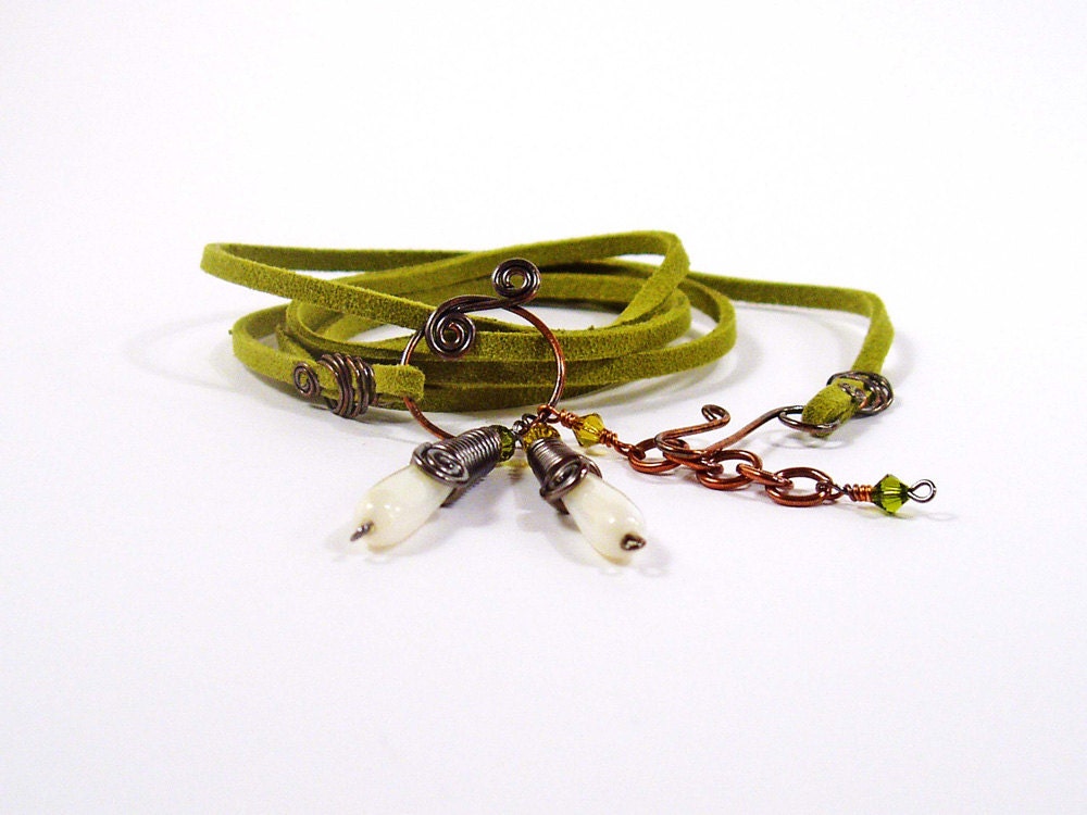 Green Wrap Bracelet, Oxidized Copper, Faux Suede Bracelet, Mother of Pearl, Spiral Jewellery