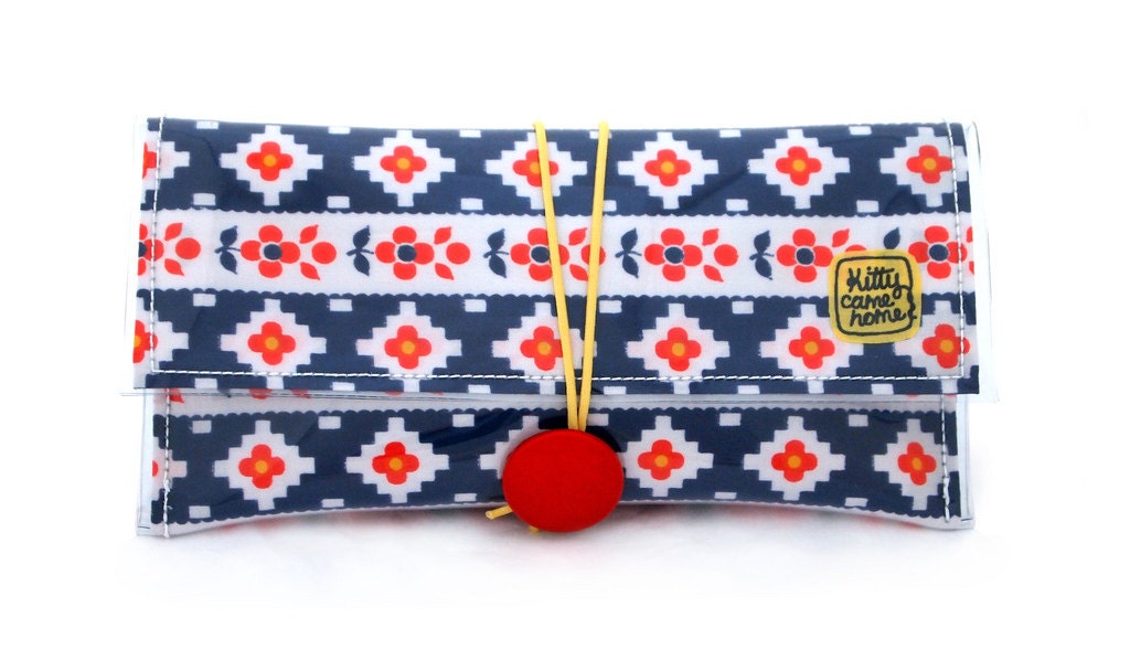 Button Clutch - red & blue geometric floral vintage fabric