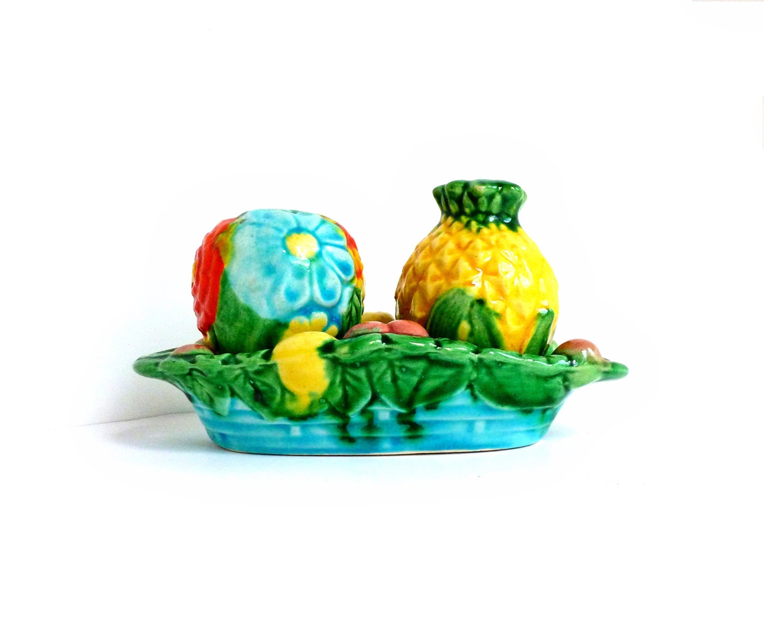 Hawaiian Luau Salt and Pepper Shaker Set - Cherries, Pineapple, Flowers and Leaves - Like New - Colorful Summer Fruit Tropical Foliage