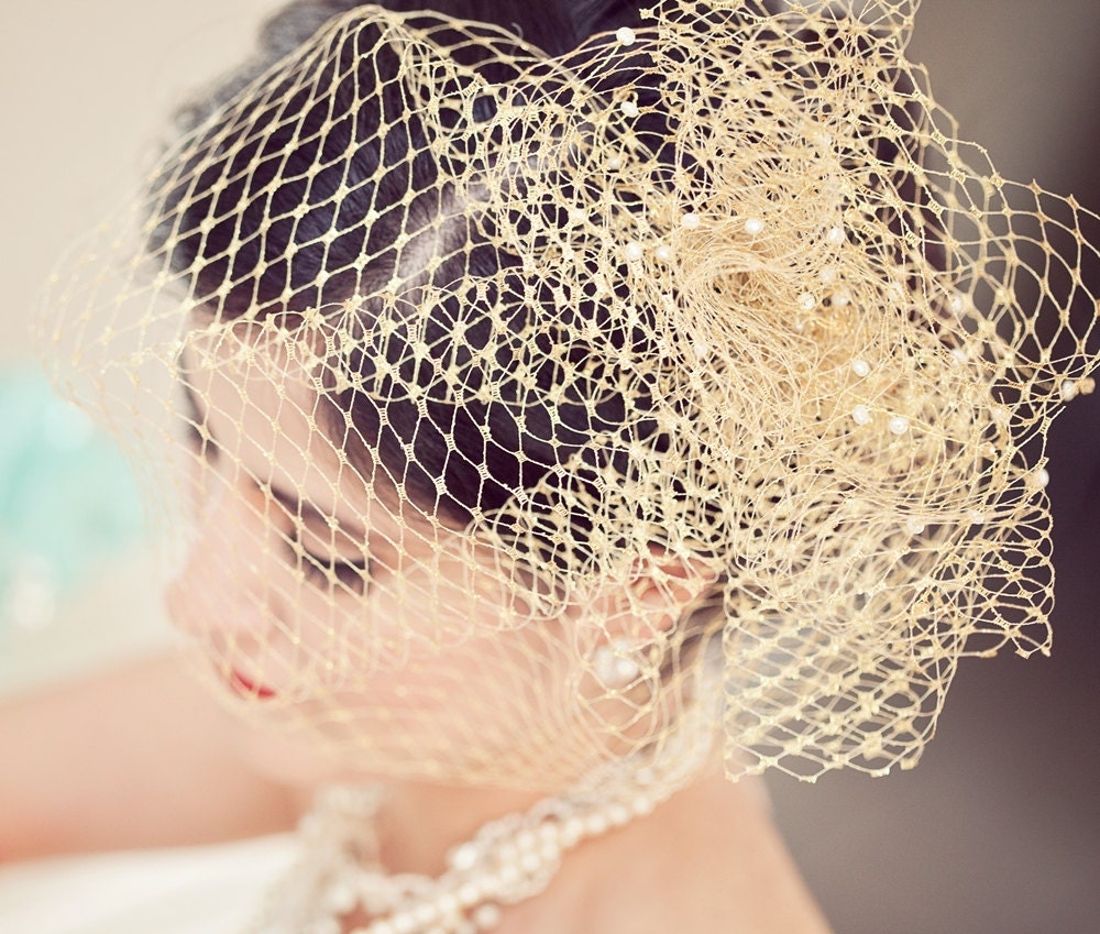 Gold Birdcage Veil With Pouf and Pearls