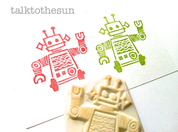 robot rubber stamp. hand carved rubber stamp. hand carved stamp.
