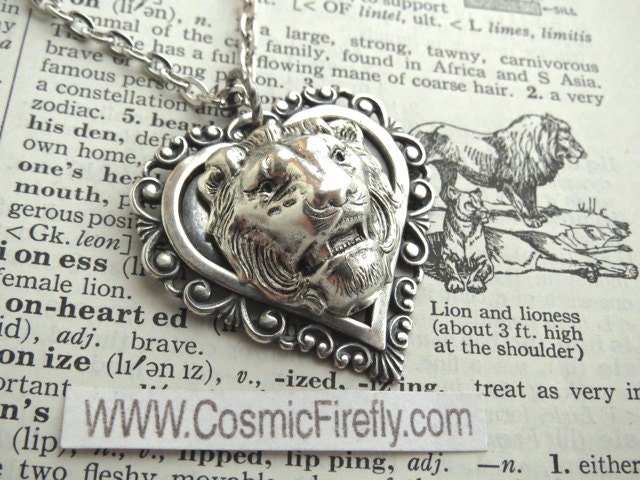 Lion Heart Necklace Antiqued Silver Gothic Victorian Metal Lightweight Pendant Feminine Vintage Inspired Style Steampunk Jewelry