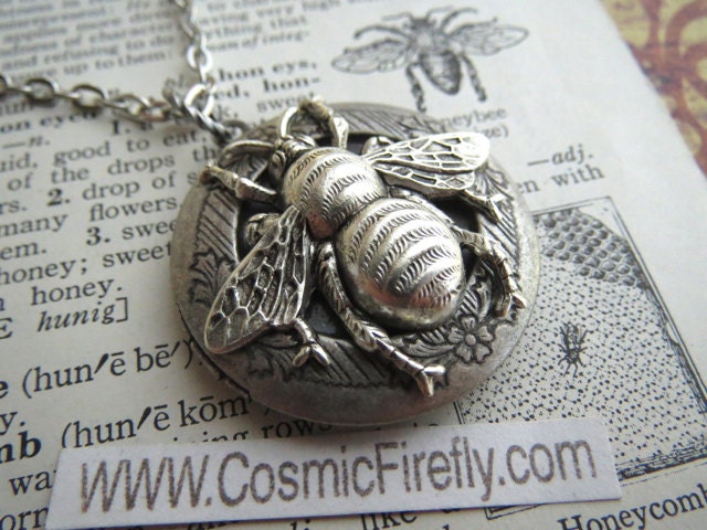 Silver Bee Locket Necklace Rustic Silver Plated Finish Gothic Victorian Vintage Inspired Antiqued Silver Bee Jewelry