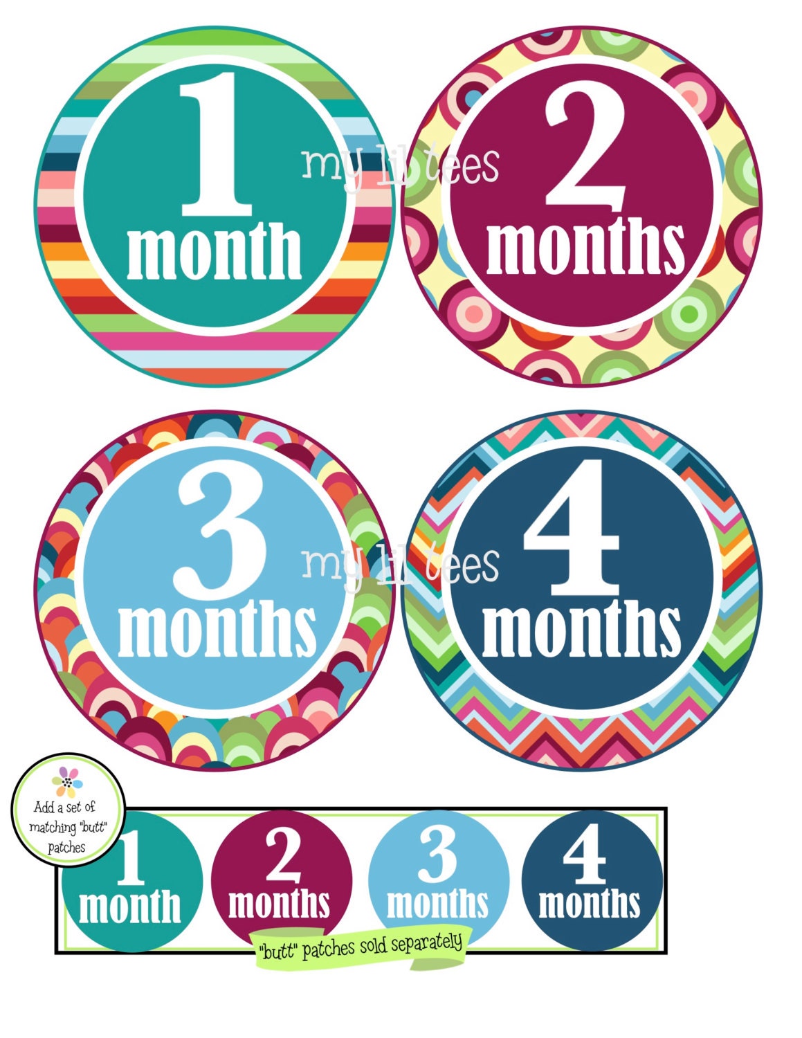 IRON ONS - 12 Monthly iron on heat transfers - for Baby - Bright colors Monthly Pack