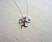 Runner Girl Sterling Silver Charm Necklace, Swarovski Crystal Birthstone, Hand Stamped Initial Charm