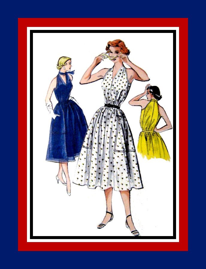 Vintage 1950s Marilyn Monroe Style Halter Dress -Sewing Pattern -Loose Easy Fit -Over-Sized Patch Pockets -Uncut- Fits Size 12-18-Mega Rare