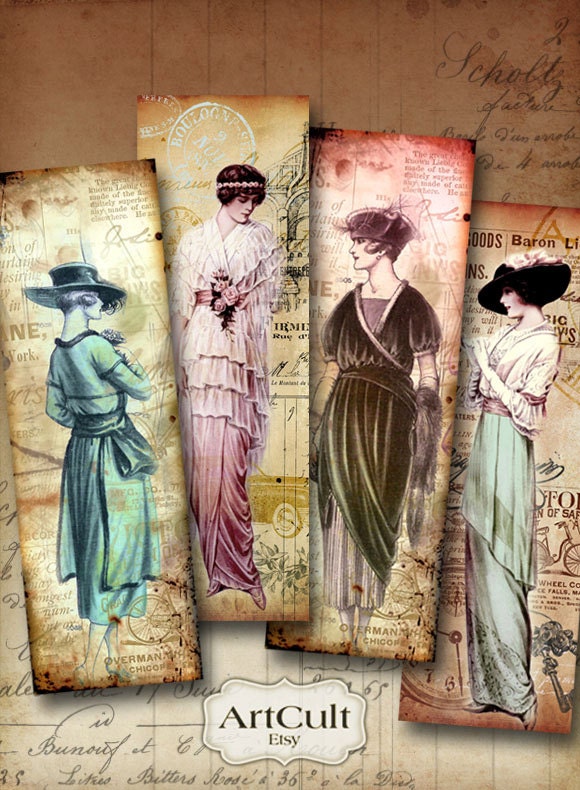 DOLLED UP - Bookmarks Digital Collage Sheet Printable Vintage Paper Craft Fashion Tags Jewelry Holders