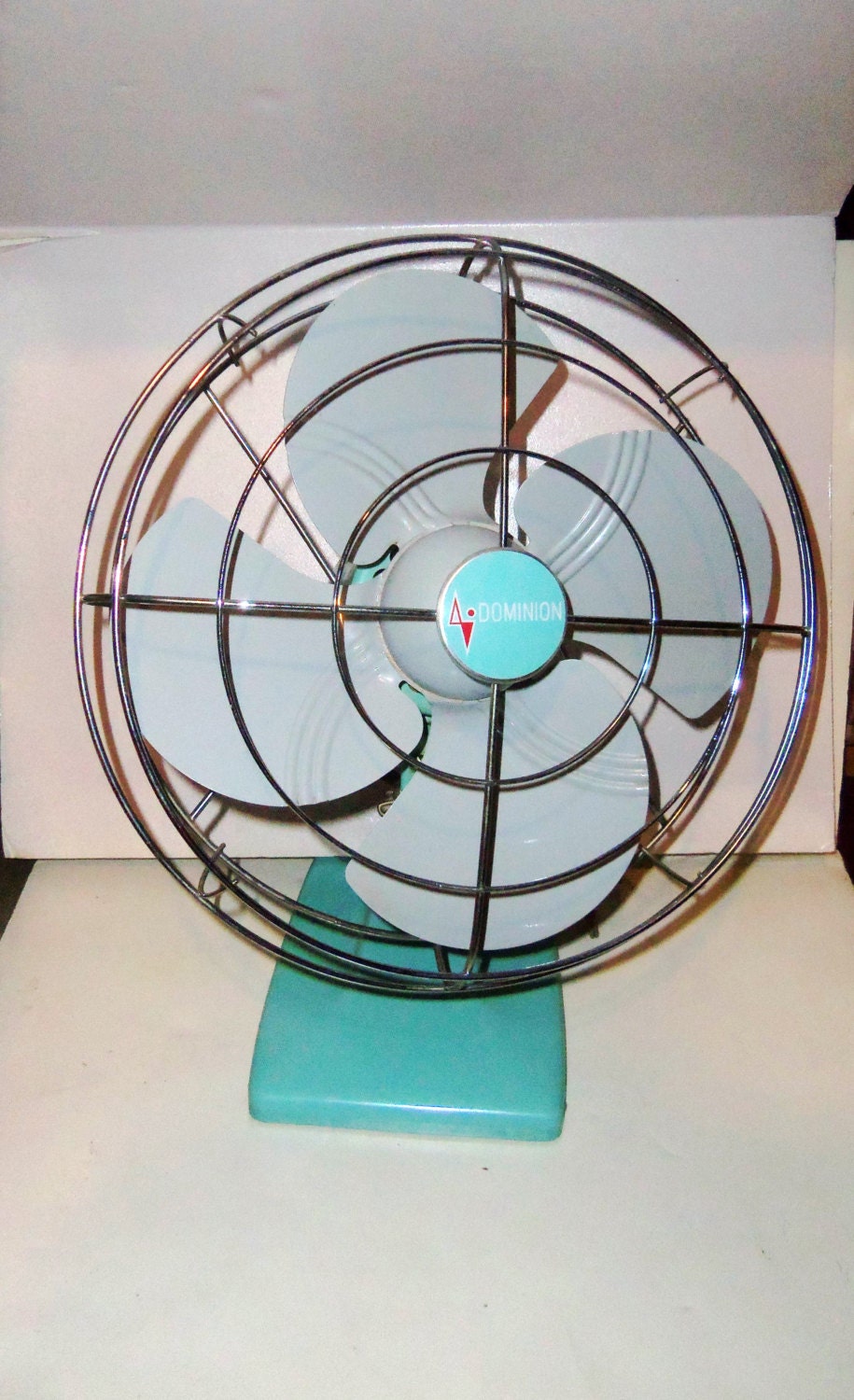 Vintage TURQUOISE Desk Fan Dominion Mid Century Industrial Table Top 1960's Blue Kitchen Fan