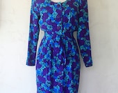 1980s floral rayon dress / blue purple green wiggle dress / size small 2 4
