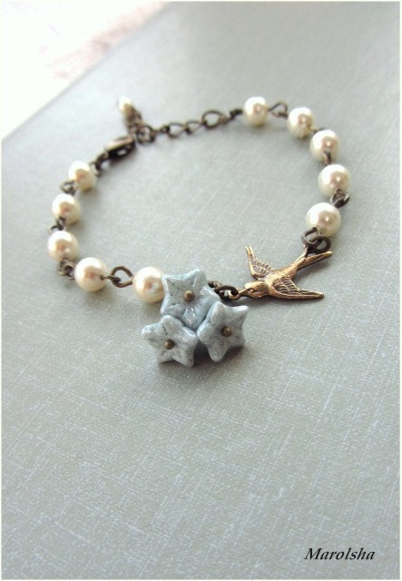 Swallow Bird Flower Beads Swarovski Ivory Pearls Bracelet. Brass Bird, Blue Grey Dusk Blue Glass Beads Bracelet. Wedding , Bridesmaids Gift