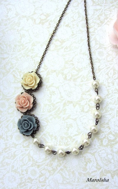 Three Soft Rose Flowers, Pink, Blue Grey, Ivory with Swarovski Ivory Pearls Vintage Style Necklace. Bridesmaid Necklace Gifts.