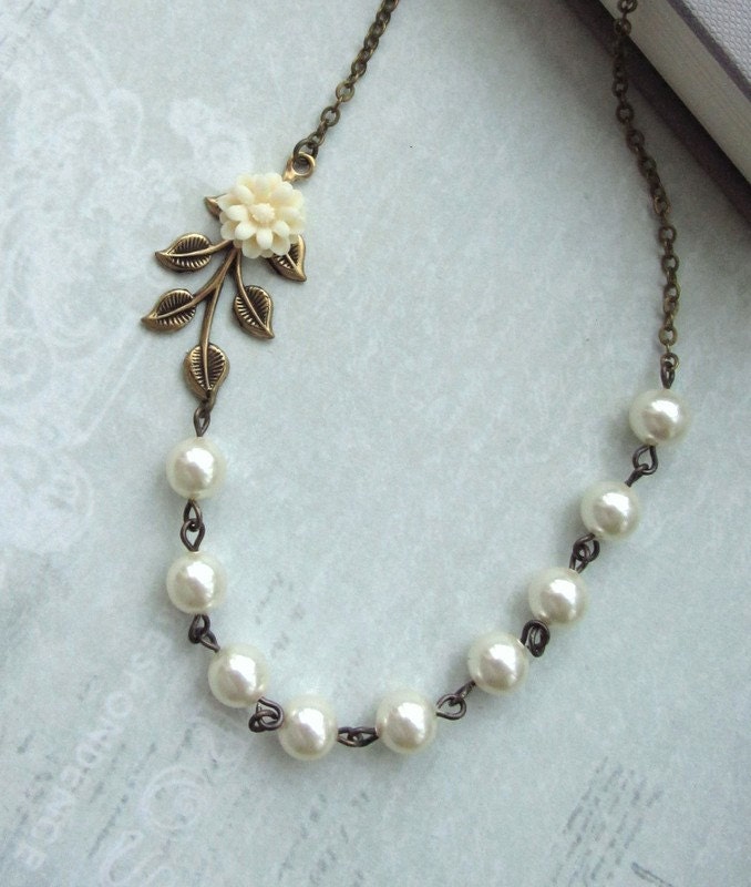 Small Creamy Ivory Dahlia Mum Flower, Brass Leaf, Ivory Pearls Necklace. Bridesmaids Gifts.  Vintage Cottage Themed Wedding. Ivory Wedding.