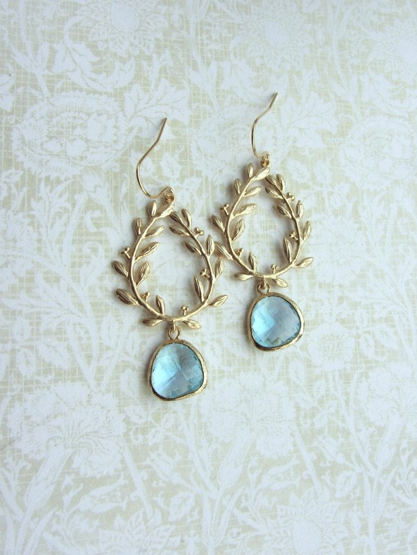 Gold Plated Laurel Wreath Aqua Blue Glass Gold Drop Dangle Earrings. Roman Era Inspired. Blue Wedding. Bridesmaid Gift. Bridal Jewelry